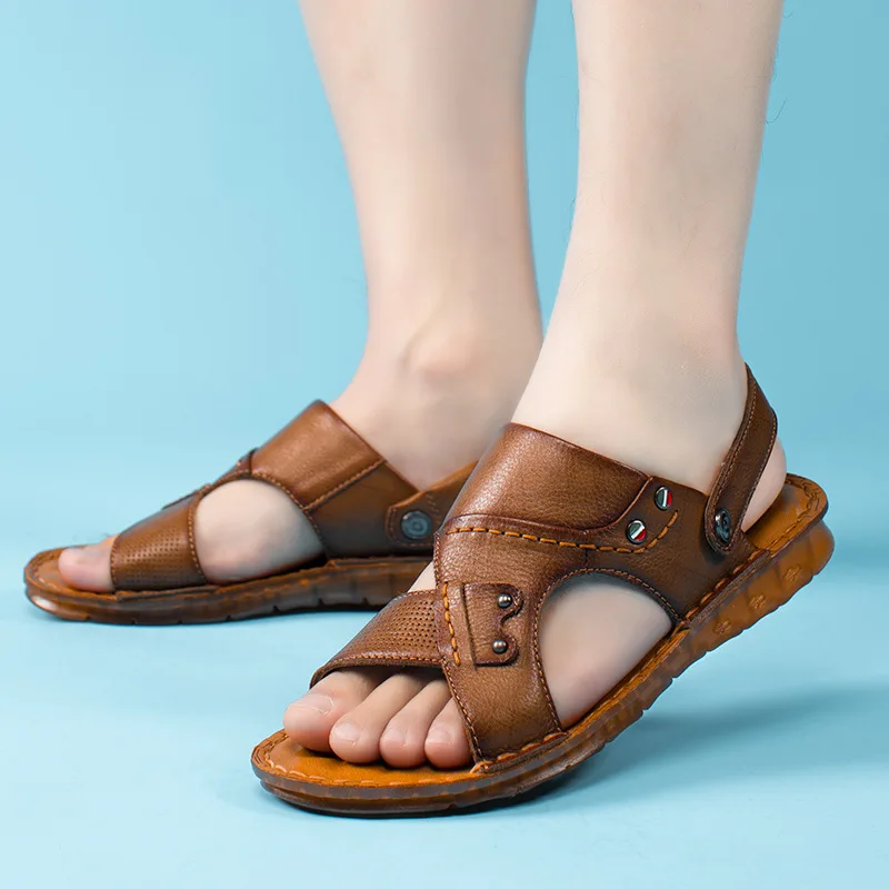 

Сандалии мужские с открытым носком, пляжная обувь, дизайнерские шлепанцы, кожаные, лето