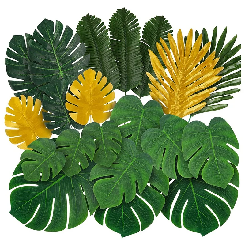 

88Pieces 9Kinds Artificial Palm Leaves With Stems Faux Tropical Green And Gold Monstera Supplies Fake Jungle Safari Leaf Retail