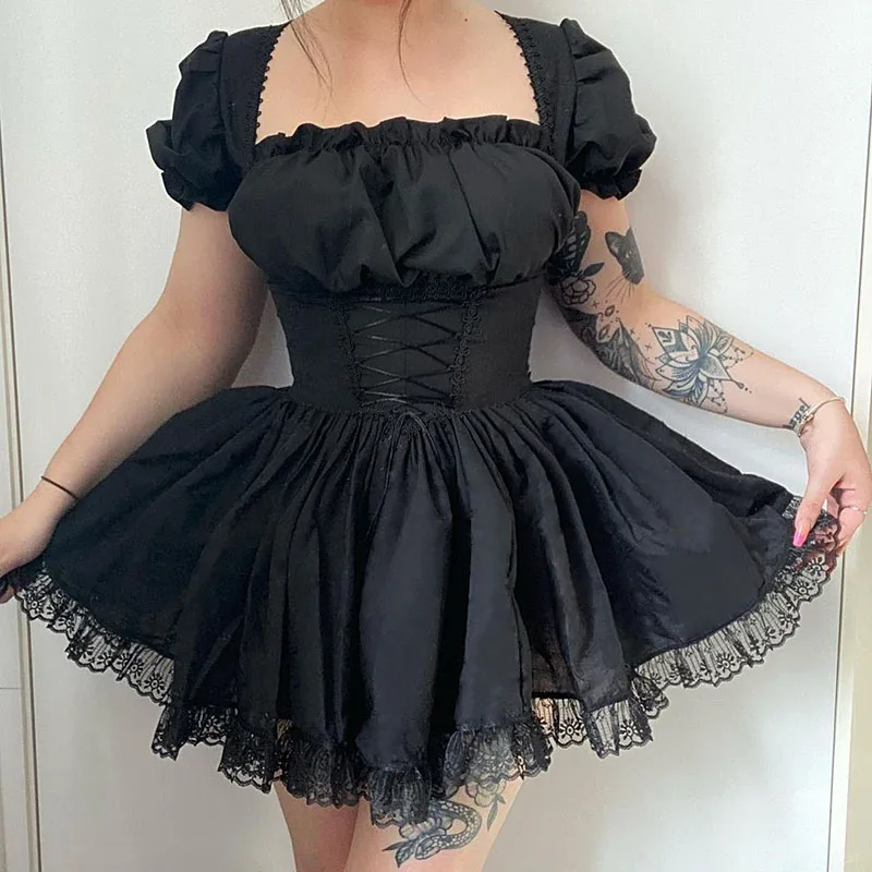 

Женское мини-платье в стиле панк, готика, Лолита, на шнуровке, с пышными рукавами, ТРАПЕЦИЕВИДНОЕ ПЛАТЬЕ в стиле стимпанк, Хэллоуин, Y2k Dark