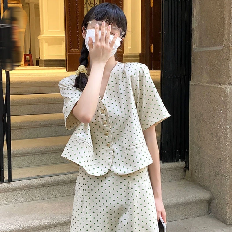 

2022 Summer New Polka Dot Short Sleeve Suit Mid-Length Skirt Retro Two-Piece Set Suit Skirt