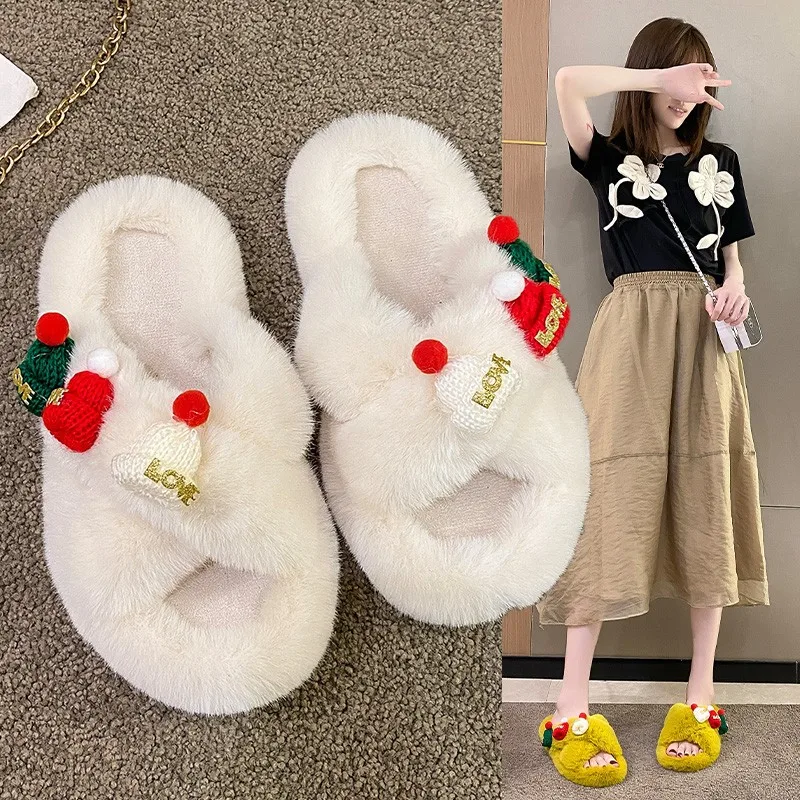 

Christmas Fluffy Corss Slippers for Women Fashion Flat Peep Toe Flip-flops Cute Indoor Warm Plush Furry Home Shoes Floor Slides