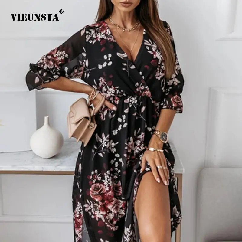 

Elegant Elastic Waist Chiffon Party Dress Women Wrap V Neck Short Sleeve Dress 2022 Spring New Ladies Casual Floral Print Dress