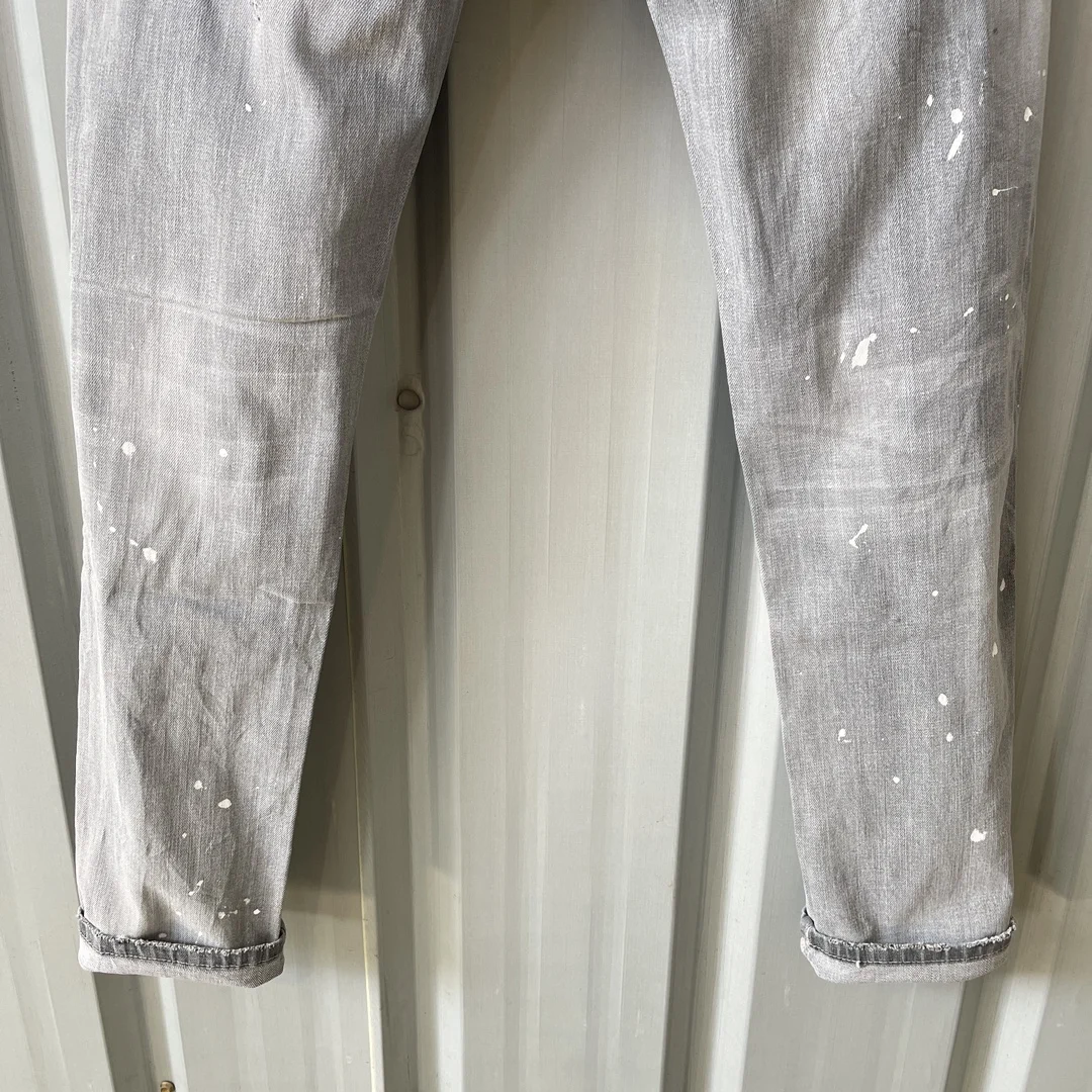 Spring/Summer 2023 New D2 Jeans Men's Fashion Men's Water Wash Print Roll Pant Feet Paint Slim Fit Small Feet Dark Blue