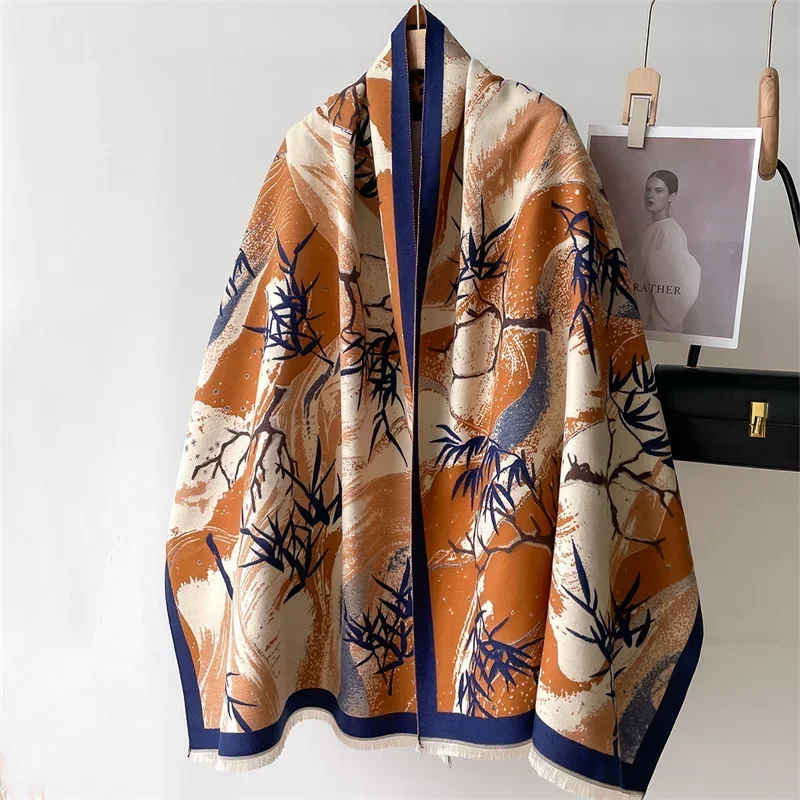 2024 роскошный шарф с цветочным принтом для женщин теплые зимние кашемировые шарфы