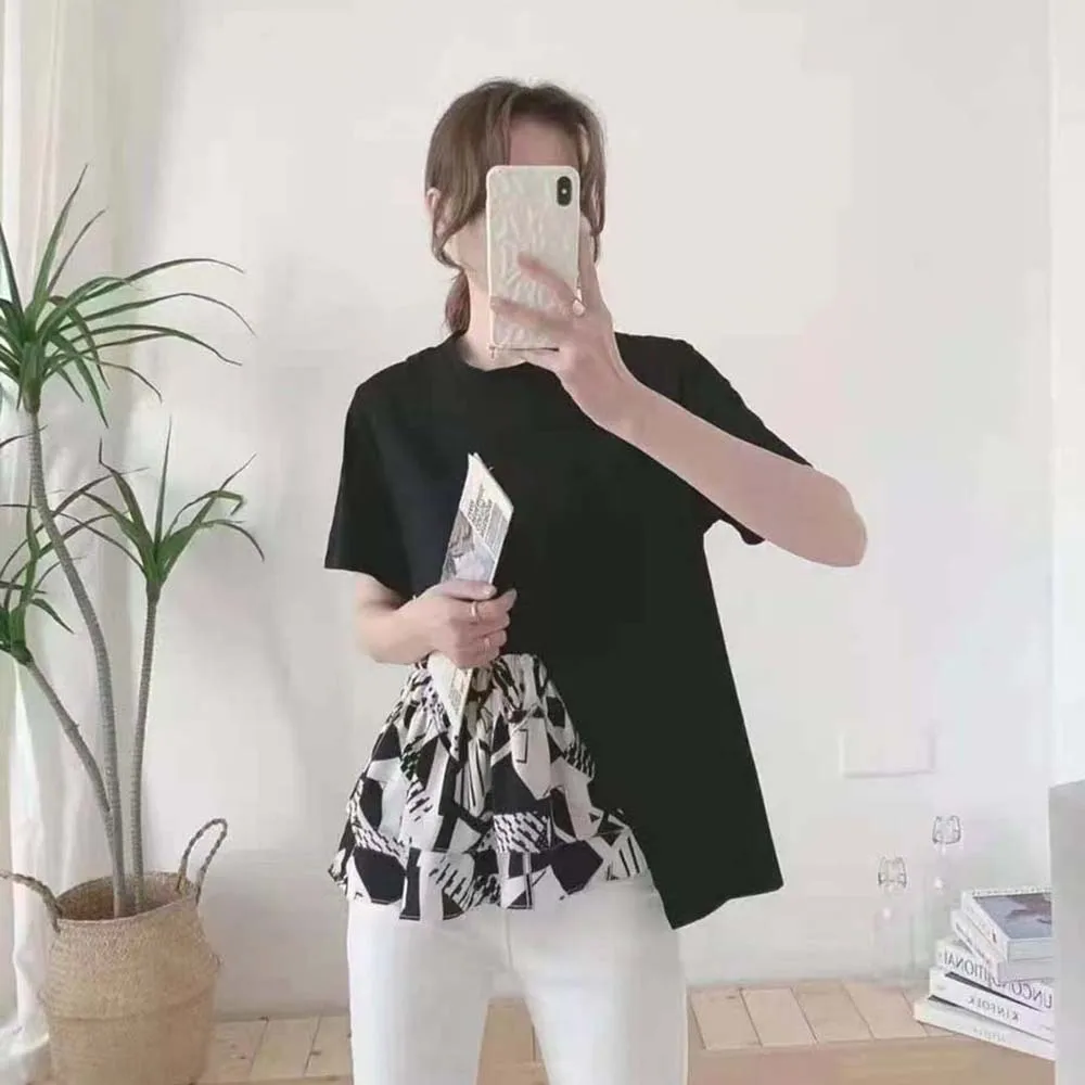 

T-shirt High Patchwork Waist Ruffle Top Korean Version Loose Stitching Doll Shirt Round Neck Pullover Elegant Chic T-shirt