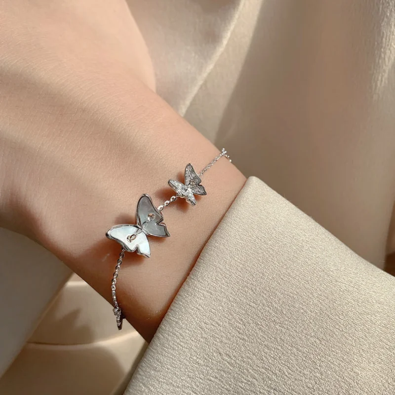 

Korean 925 Sterling Silver Butterfly Charm Bracelet for Women Elegant White Shell Zircon Unique Design Bracelets Birthday Gift