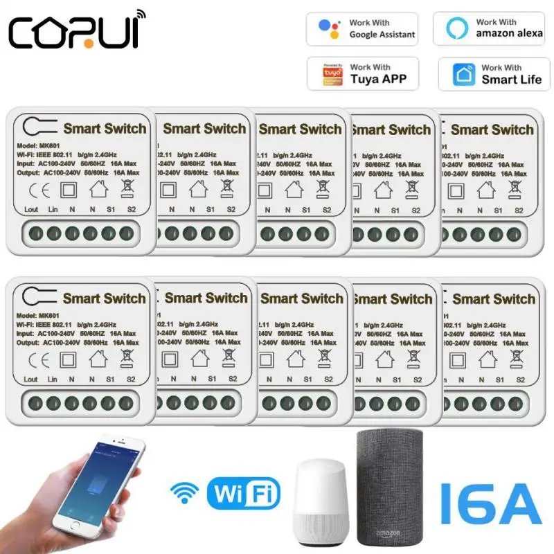 

CoRui 16A MINI Wifi Smart Switch Suport 2-way Control Timer Wireless Switches Smart Home Compatible With Tuya Alexa Google Home
