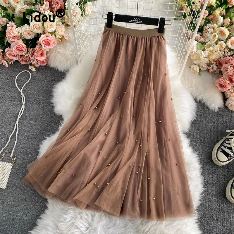 

Classic Solid Color Nail Bead Bright Silk Slim Mesh A-word Skirt High Waisted Korean Casual All-match Fashion Lady Midi Skirt