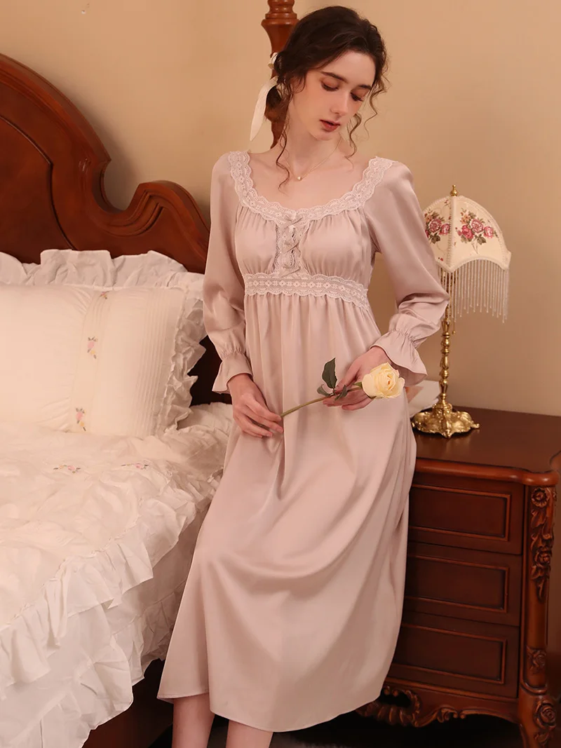 Women Spring Summer French Silk Lace Hollow Out Long Sleeve Nightdress Sexy Nightgowns Victorian Vintage Princess Sleepwear