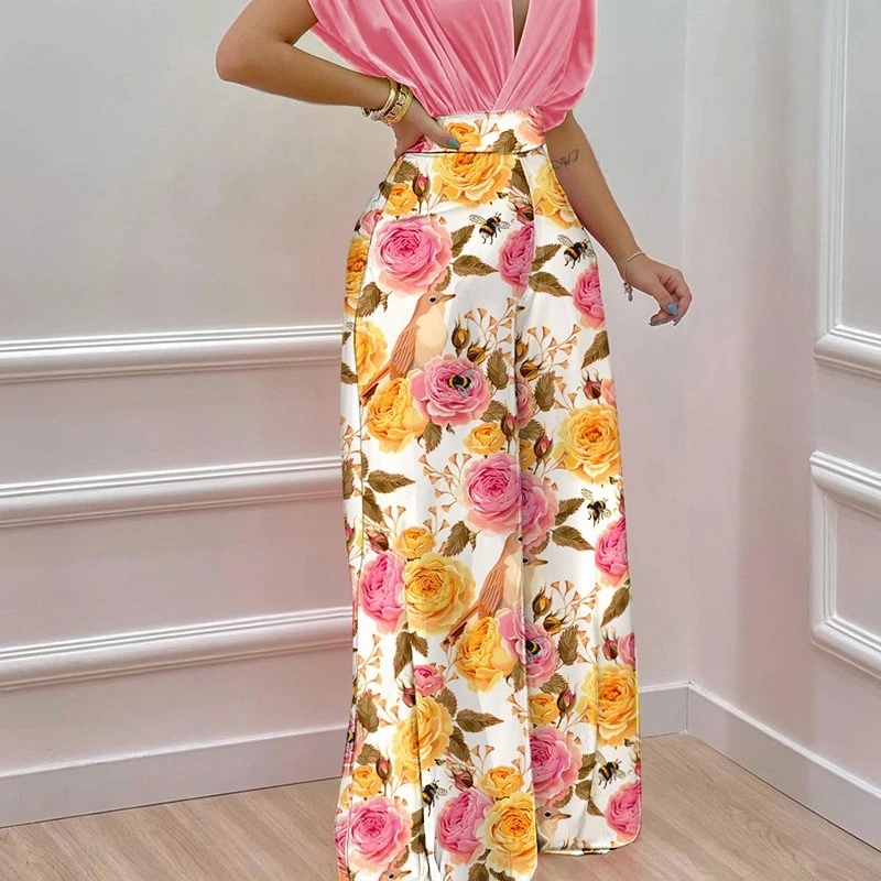 2023 Bohemian Pattern Printed Cropped Pants + Casual Round Neck Lotus Leaf Short-sleeved Top Summer Sexy Women's Two-piece Suit