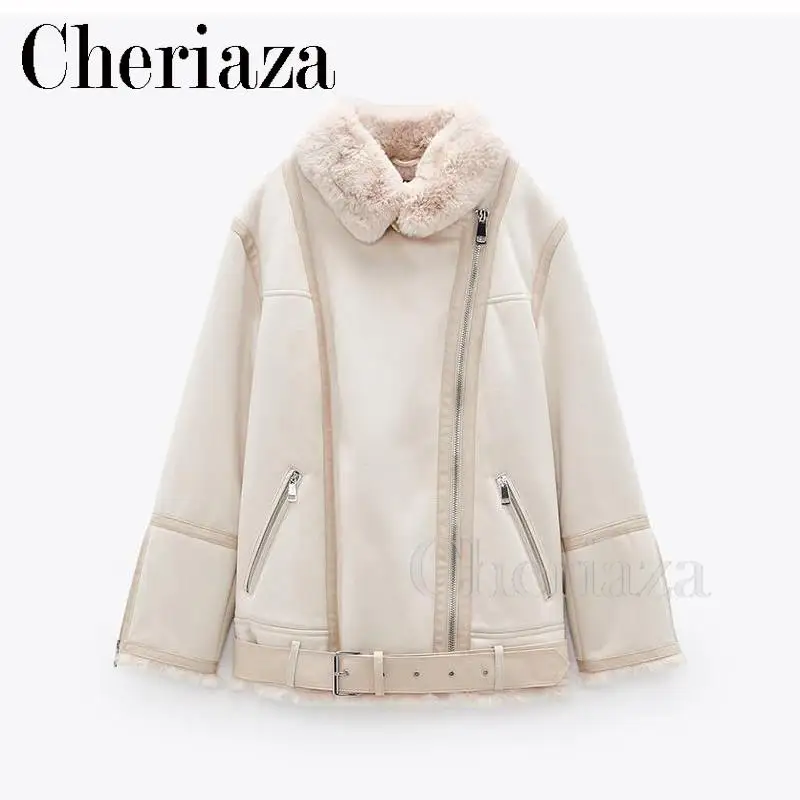 

Cheriaza 2023 Autumn Winter Women New Artificial Suede Surface Two-sided Thickening Solid Color Simplicity Jacket Outwear Tops