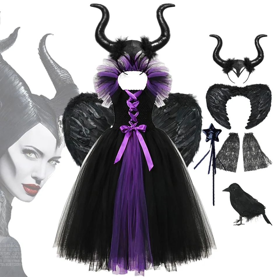 

Maleficent Halloween Costume Dress Deluxe Girls Fancy Christening Black Glam Gown Tutu Dress Kids Demon Queen Witch Clothes