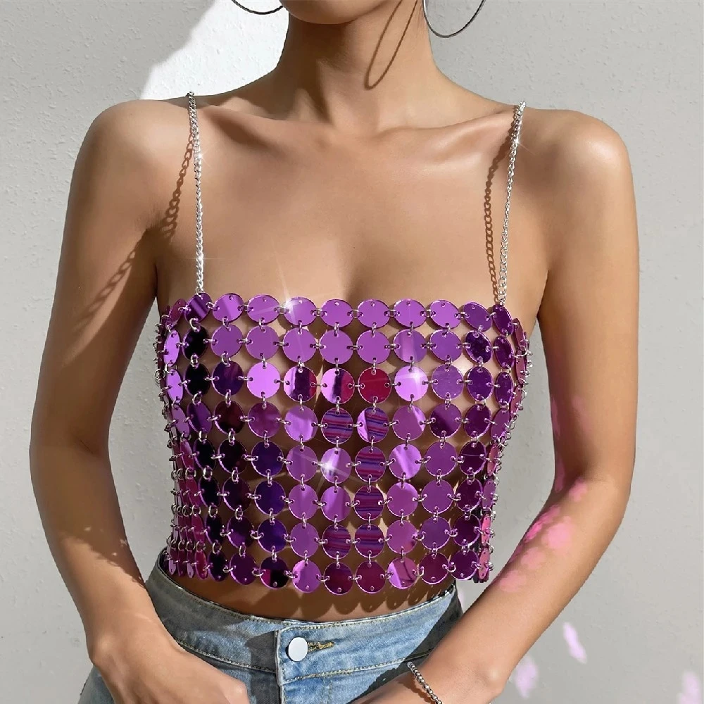 

IngeSight.Z Shiny Purple Sequins Bra Tank Tops Chest Chain for Women Sexy Hollow Out Bikini Vest Summer Beach Body Jewelry