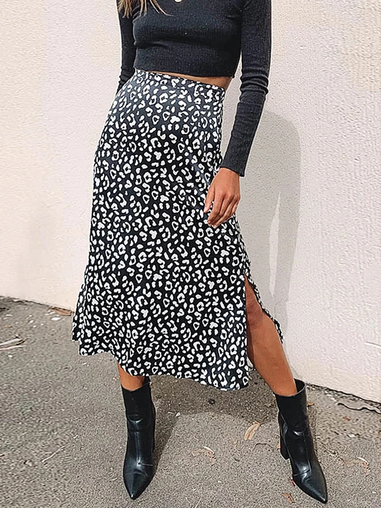

New Sexy Leopard Print Chiffon Split Skirt Casual Fashion Long Skirts for Women Spring Summer Zip Elegant Female Skirt