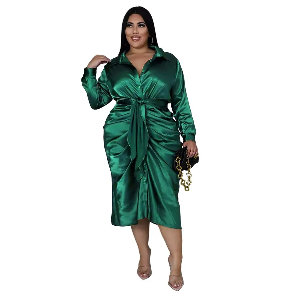Dress Office Lady Midi Fashion Stain Women Long Sleeve Robe Large Sizes Curve Female Casual Pleated Female Shirt Dress Plus
