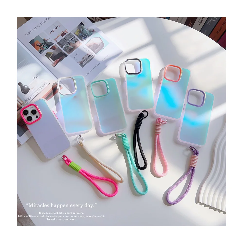 Luxury Wrist Strap Lanyard Aurora Gradient Matte Case for iPhone 16 12 11 15 14 13 Pro Max Plus Laser Shockproof Slim Cover