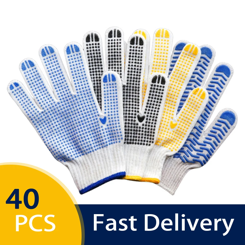 

5/10/20pairs Labor Working Gloves Blue PVC Dotted White Cotton Gloves One Side Dots Anti Slip Men Safety Gloves for Work Garden