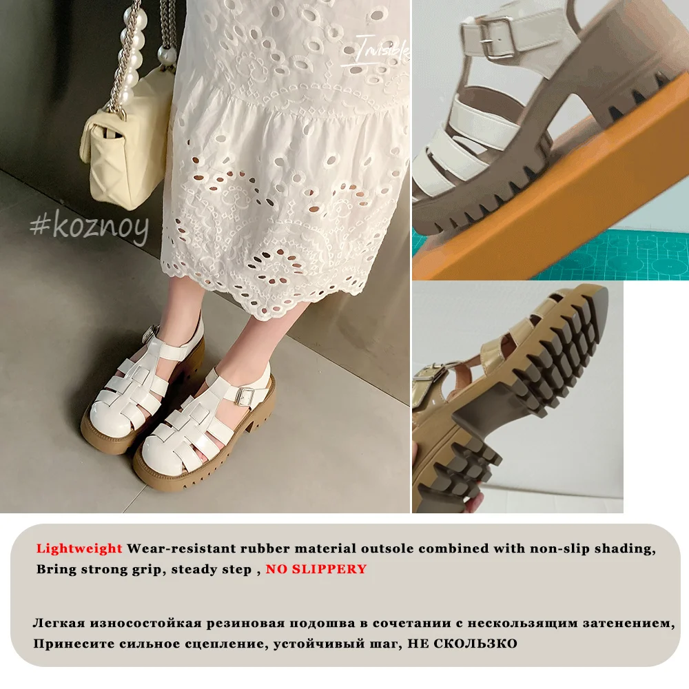 Koznoy Summer Women's Sandals 6cm Genuine Leather Hot Sale Platform Mujer Comfy Fashion Ladies Buckle Non Slip Chunky Heel Shoes