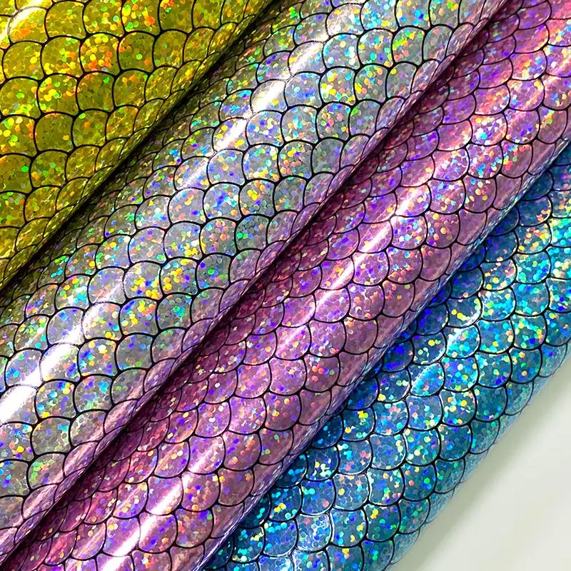 

XHT mermaid ScalePattern with Small Dot Printed Holographic Metallic Laser PU Faux Leather Fabric Sheet for Shoe/Bag/Wallet