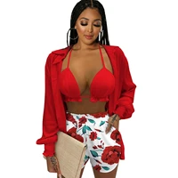 2022 casual women tracksuit 3 piece set print floral bra coat pants streetwear matching set clothes for women outfit