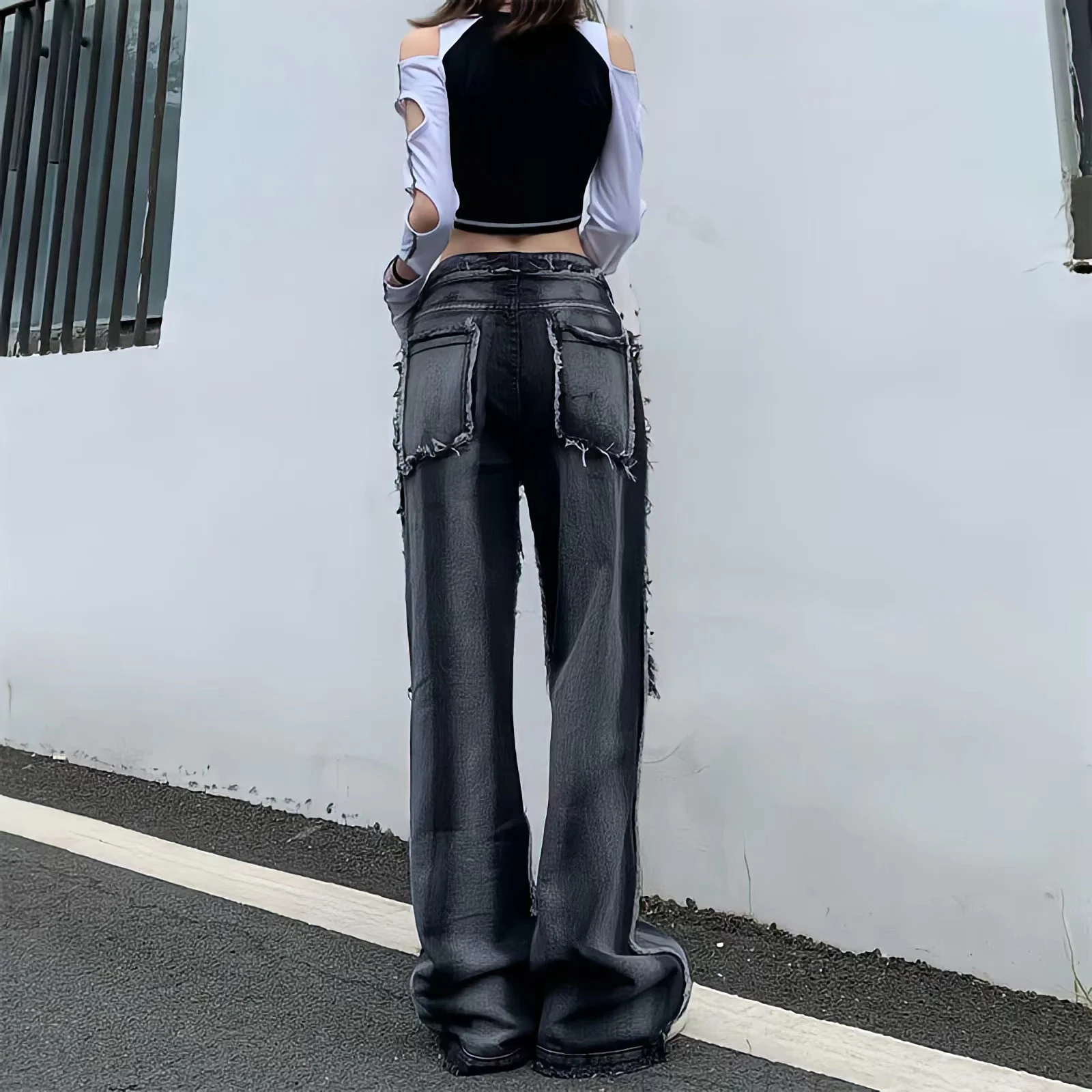 Y2K 2023New Fashion Wide Leg Trousers Vintage Wash Rough Edge Straight Tube Splicing  Multiple Pockets High Street Jeans Unisex