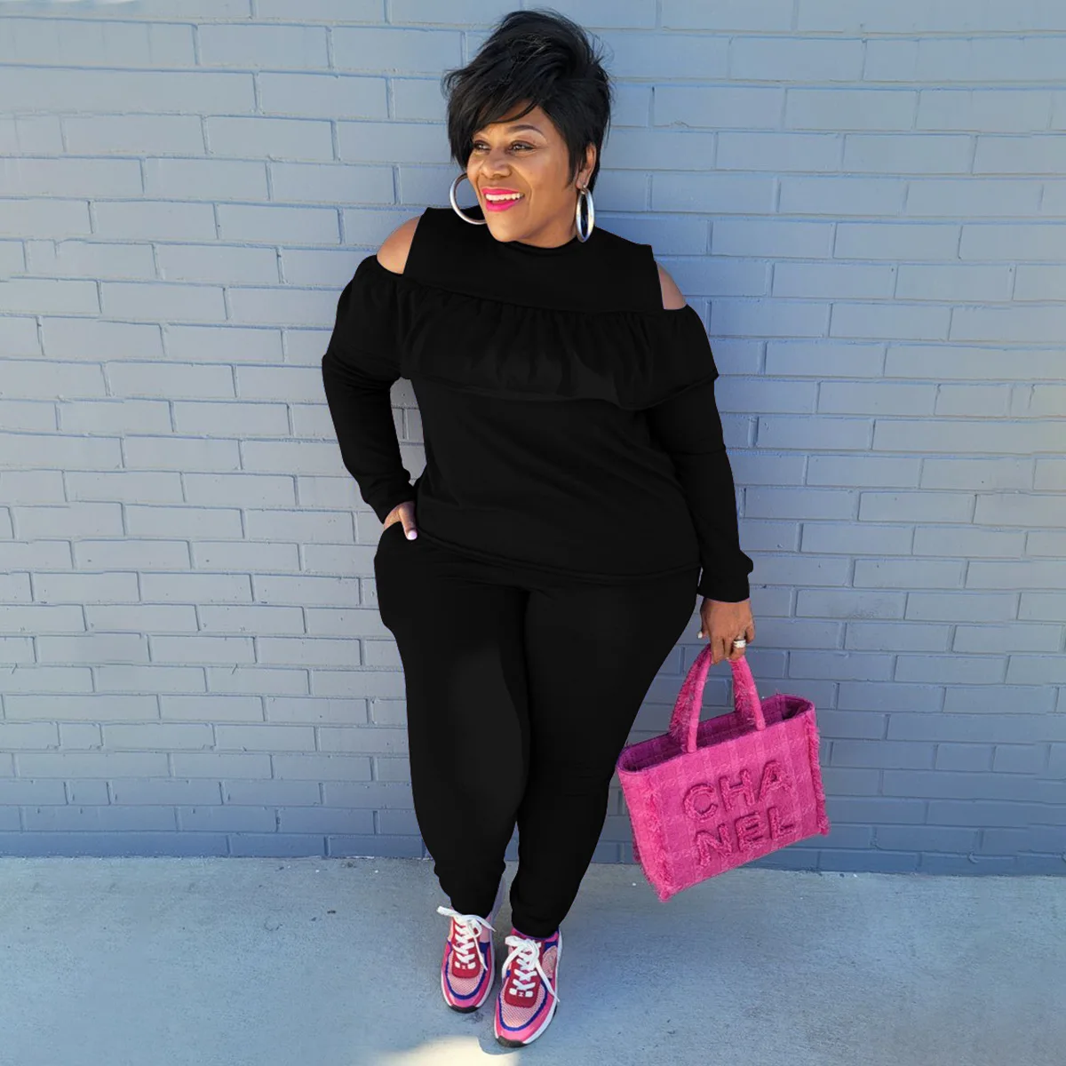 Plus Size Women 4xl Sets Off Shoulder Ruffle Shirt And Pants 2022 Autumn Fashion Two Piece Set Sexy Lady Fall Wholesale Clothes