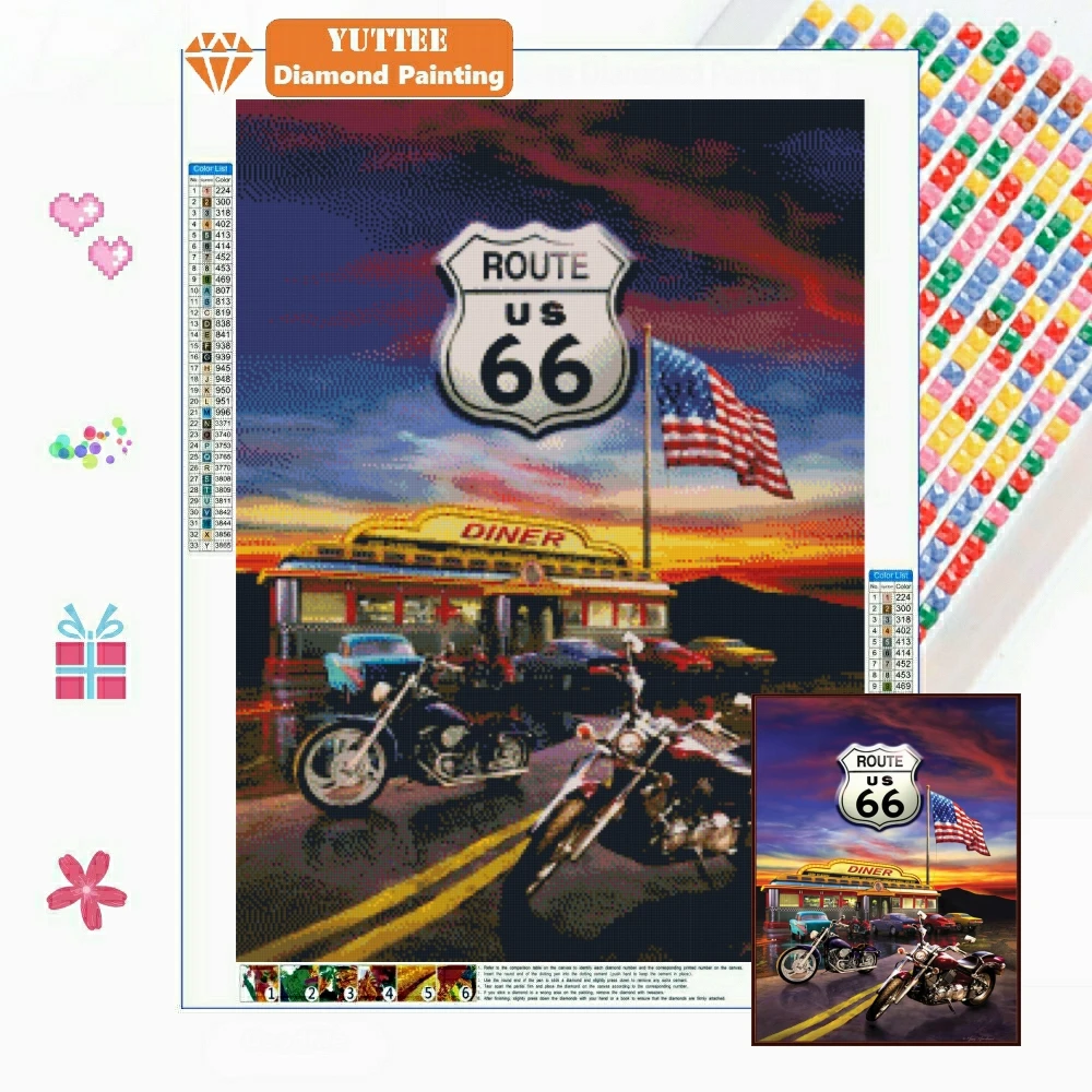 

5D Diamond Painting America Route 66 Mosaic Motorcycle Car Embroidery Square Round Drill Cross Stitch Rhinestones New Arrivals