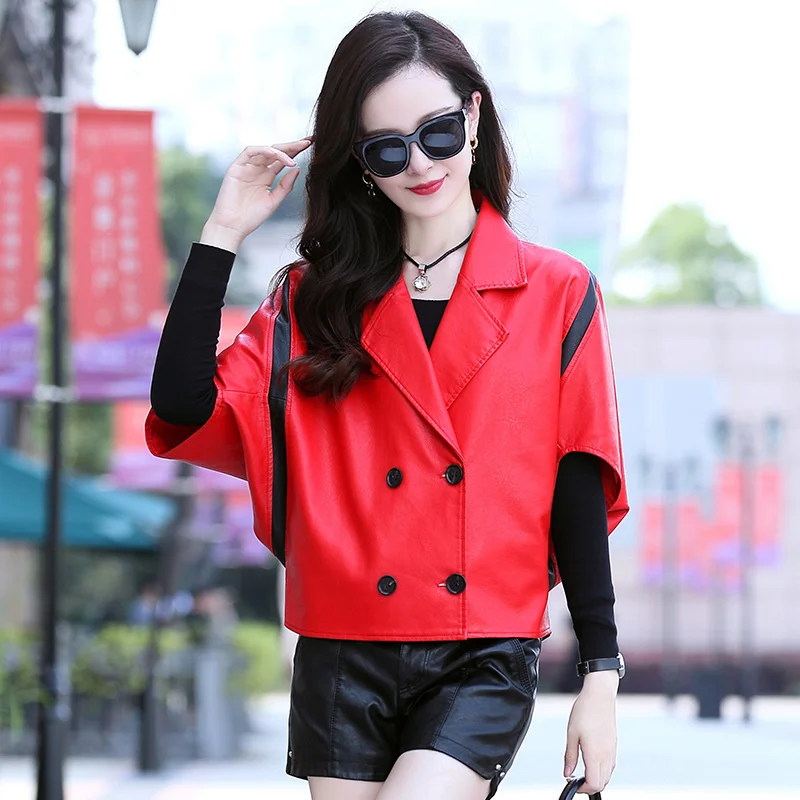 

Leather Women's Jacket Short 2022 Spring Sheepskin Contrast Color Stitching Bat Sleeve Double Breasted Genuine Leather Jacket
