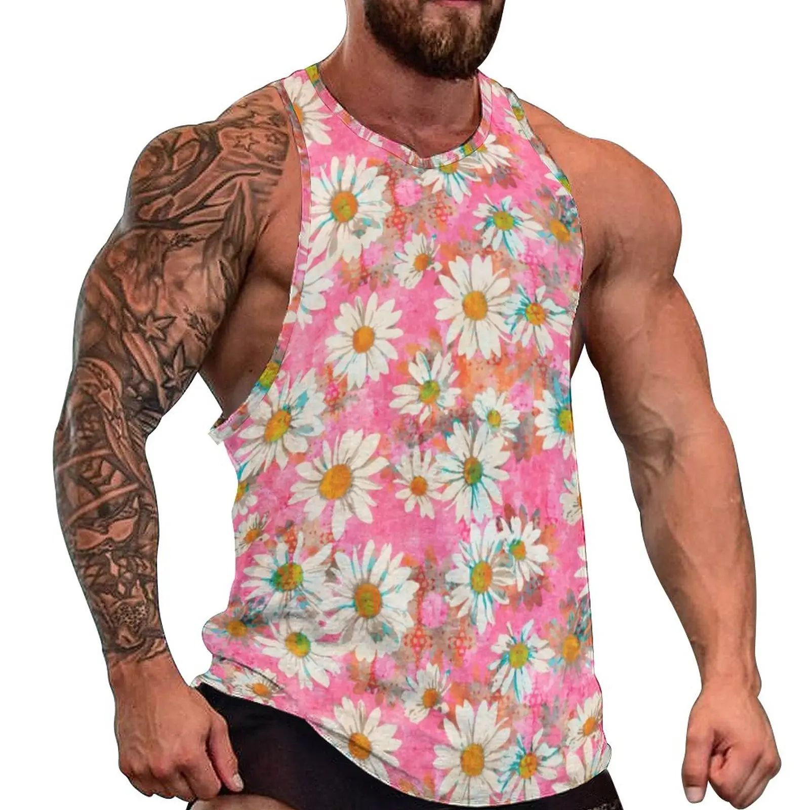 

White Daisy Tank Top Mens Pink Floral Print Tops Summer Custom Gym Fashion Oversized Sleeveless Vests