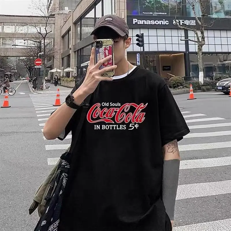 

Футболка бренда Coca-Cola с коротким рукавом, мужская Свободная Повседневная универсальная Однотонная футболка