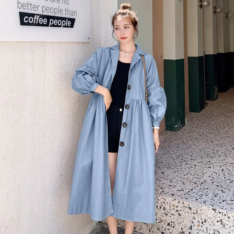 

Женское длинное Свободное пальто в Корейском стиле, однобортная ветровка с поясом и рукавами-фонариками, весна-осень