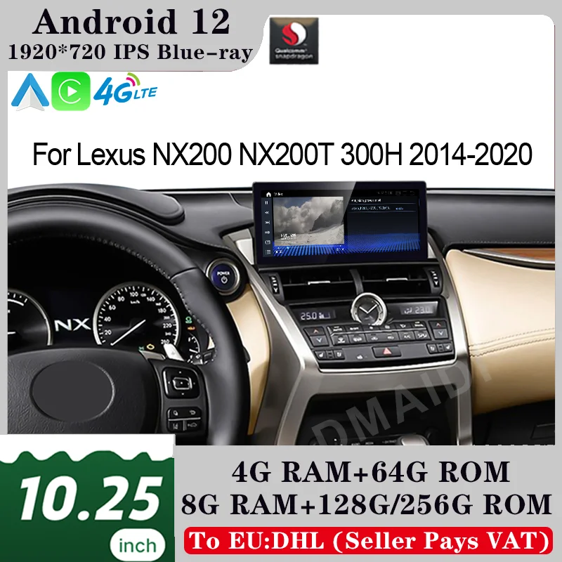 

New Qualcomm 10.25 inch Android 12 Car Radio CarPlay For Lexus NX NX200 NX200T 300H 2014-2021 Multimedia Player Autoradio Stereo