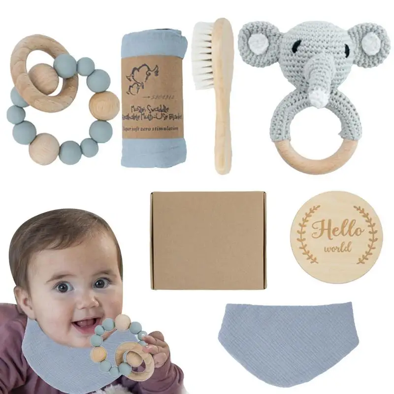 

Newborn Essentials Gift Set 6pcs Rattle Toy Teether Newborn Shower Kit Newborn Mom Gift Box Bathing Playing & Teething