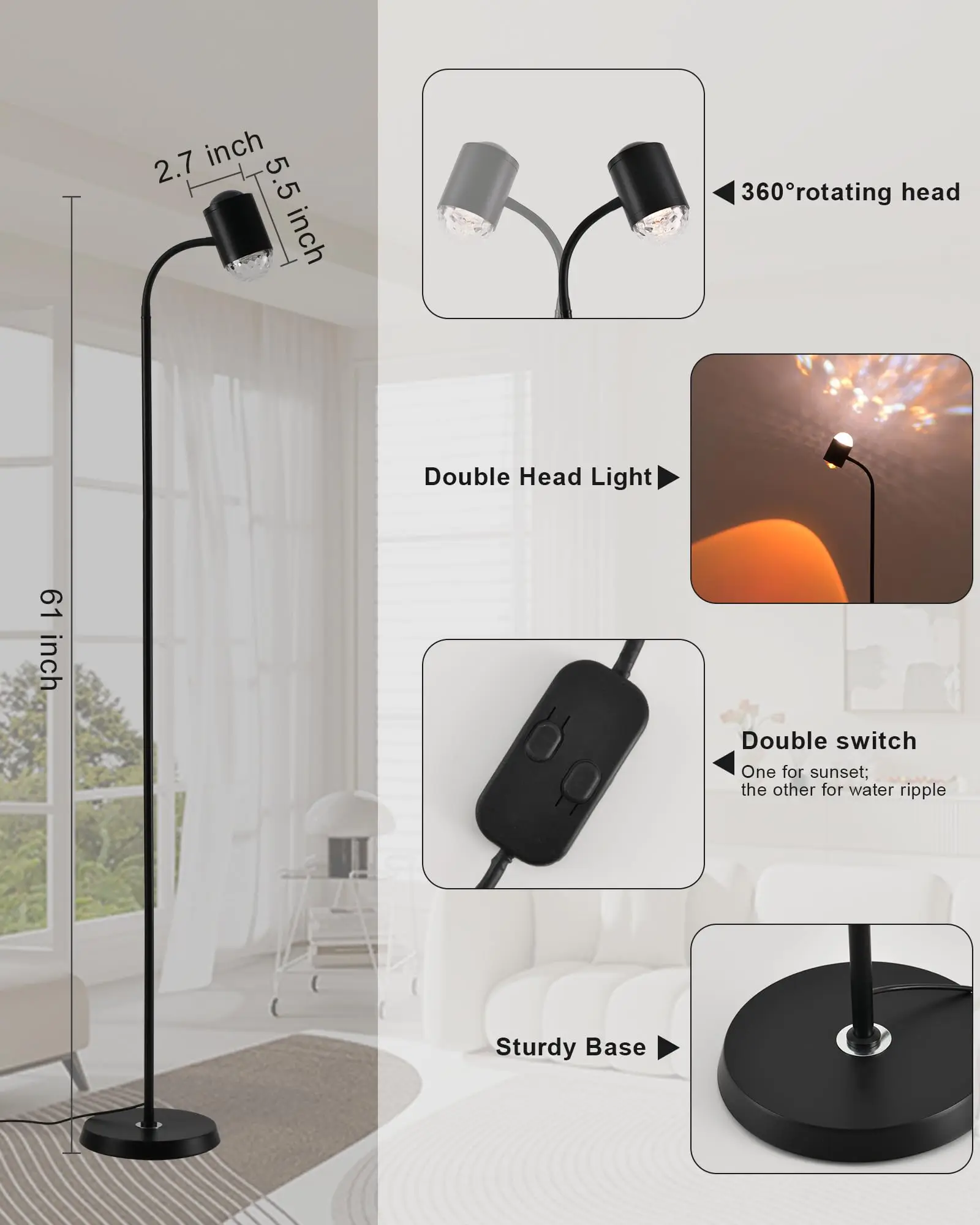 Лампа заката проектор черная лампа с двойной головкой и водной рябью