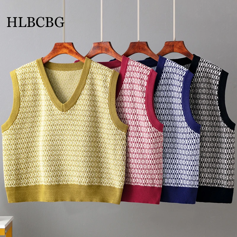 

Spring and Autumn Women's Houndstooth Vest Knitted Sweater Fashion V-neck Plaid Sleeveless Printed Jacket Casual Bottoming Top