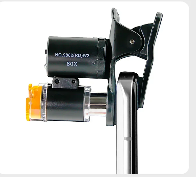 

60x портативный клипсовый микроскоп для телефонов, двойной светодиодный и УФ-свет для антикварного оценки, теплое и прохладное освещение для прецизионного контроля