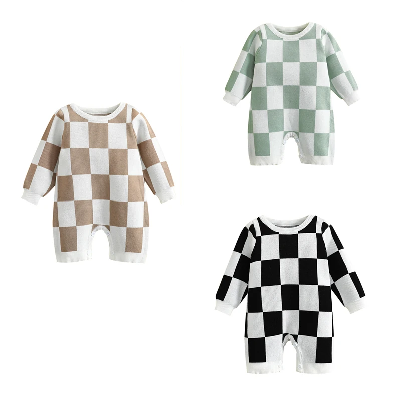 

Baby Boys Girls Romper Clothing Set Plaid Pattern Newborn 0-24 Months Round Neck Long Sleeve Snap Closure Knitted Jumpsuits