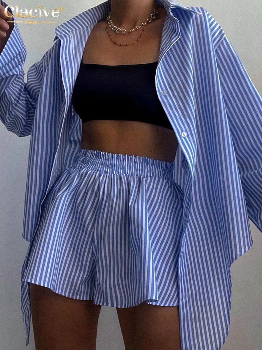 

Clacive Casual Loose Stripe Shorts Suits Streetwear Autumn Fashion Long Sleeve Blouse With High Waist Shorts Set Woman 2 Peices