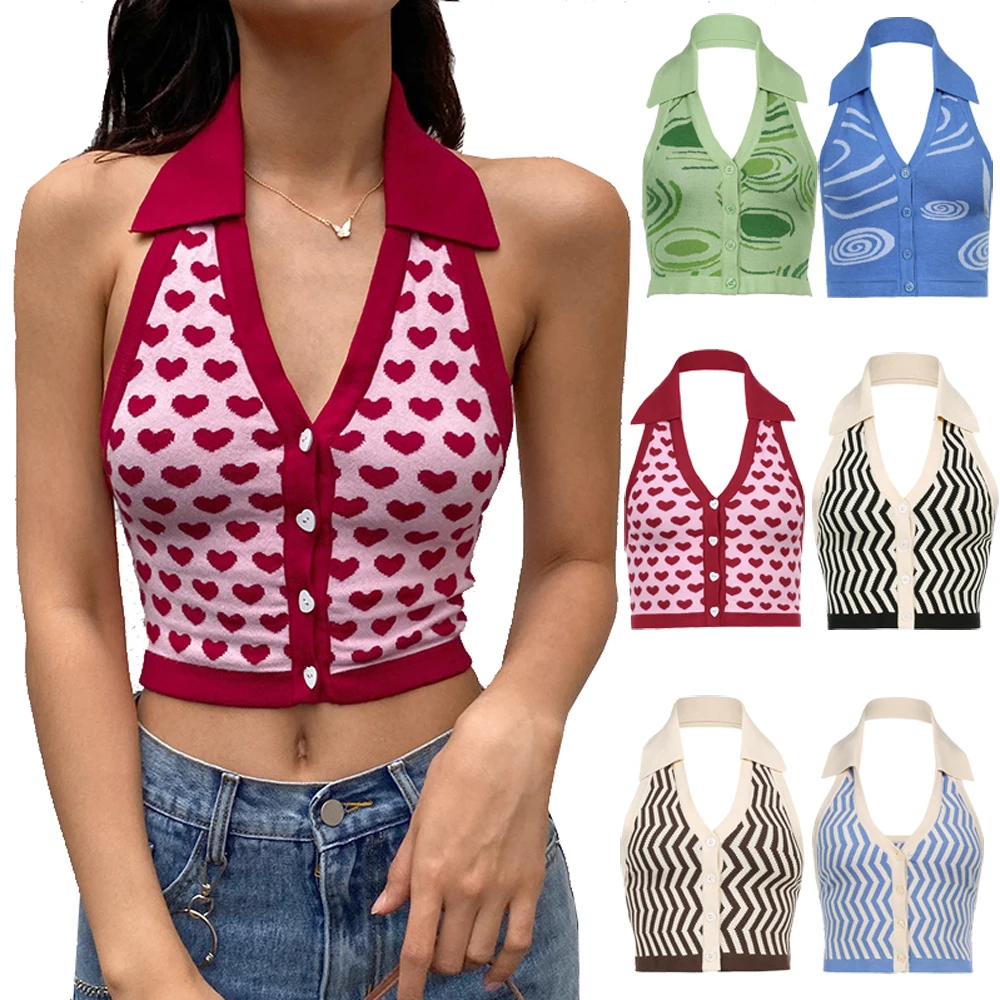 

Fashion Striped Y2k Halter Knitted Vest Crop Tops Streetwear for Women Backless Slim Outfits Female Tank Tops 2021