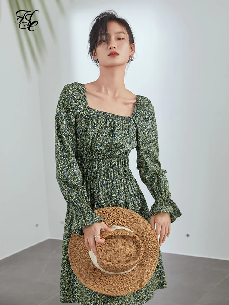 

FSLE Vintage Floral Print Short Boho Dress Women Flare Sleeve Slim Green Spring Dress Beach Elegant Summer Dress Female