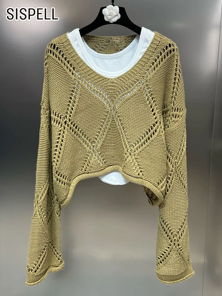 

SISPELL Loose Two Piece Sets For Women Round Neck Long Sleeve Hollow Out Knitting Tops Sleeveless Solid Vest Casual Set Female