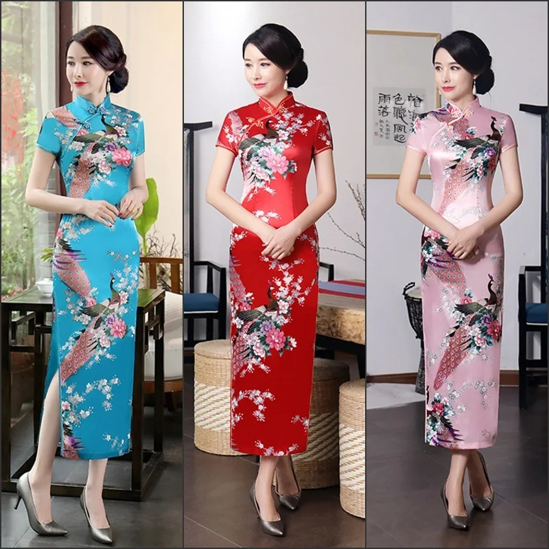 

Floral & Peacock Women Chinese Traditional Dress Vintage Mandarin Collar Qipao Oversize Long Slim Cheongsam Dress 6XL