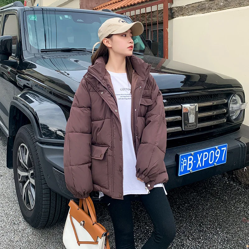 Down Cotton Jacket for Women 2022 Winter New Long Sleeve Loose Black Overcoat Fashion Korean Zipper Pocket Coat Keep Warm Jacket