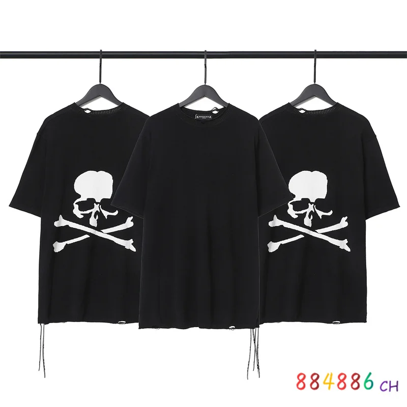 

Blended Icelandic Silk Mastermind T-shirt Men Women 1:1 High Quality Knitting Tee Hole Design Skull Print Short sleeve T-Shirt