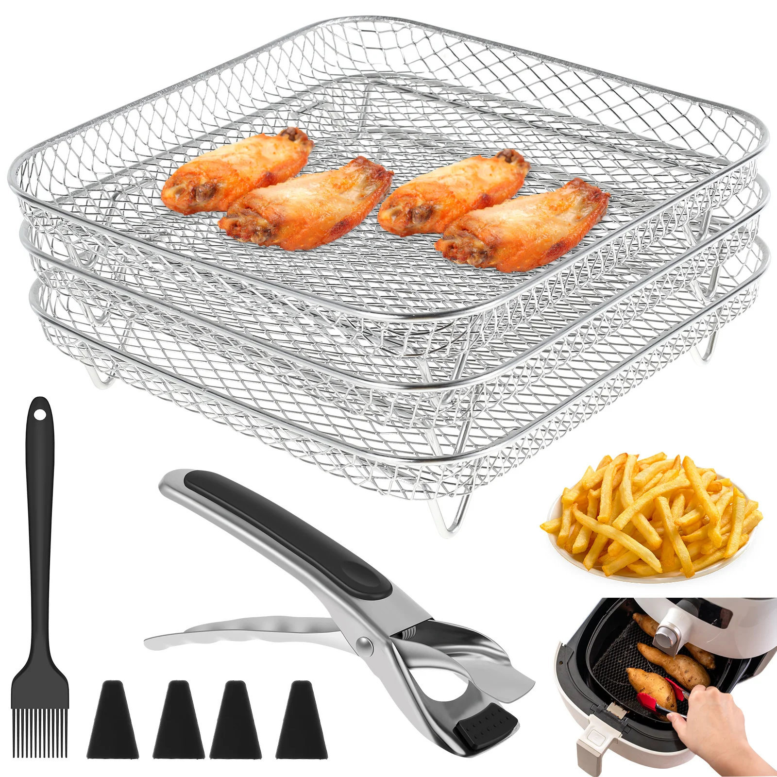 

Air Fryer Dehydrator Rack Stainless Steel Dehydrator Rack Grill Square Steam Grill with Oil Brush and Anti-Scald Clip 3-Layer