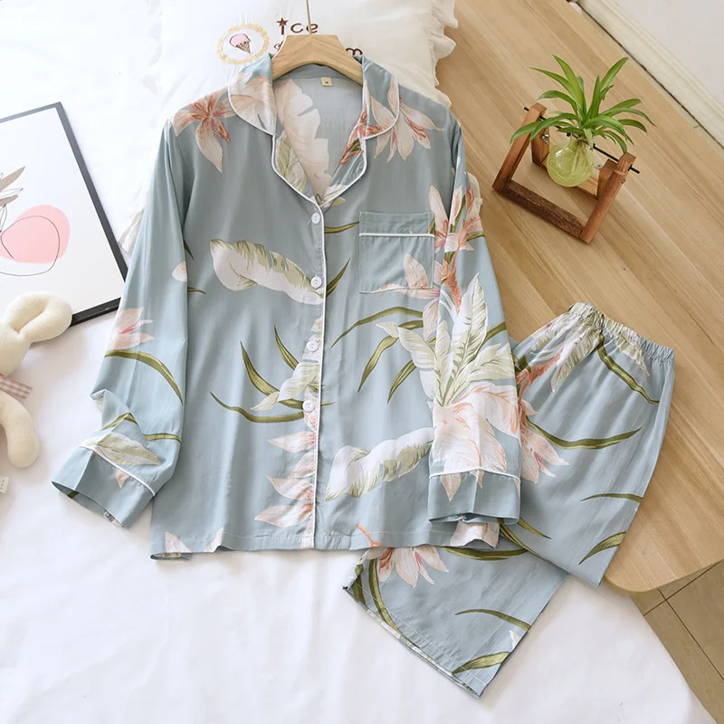 Homewear Pajamas Suit Women Viscose Bedgown Large Size Floral Summer Lapel Thin Smooth Soft Long-sleeved Trousers Home Service