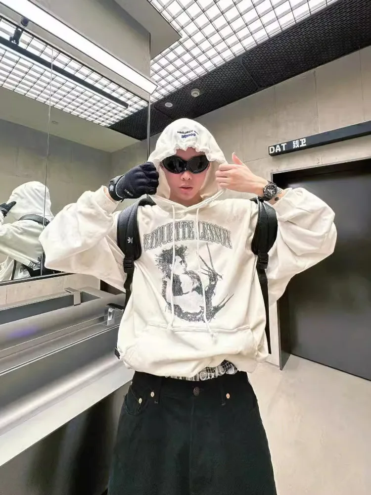 [BOMP] Эдвард Ножницы Черно-белая винтажная мужская толстовка с ручным принтом