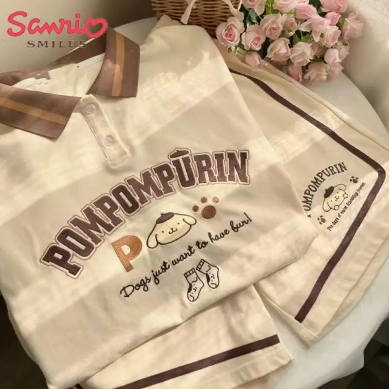 

Футболка-поло Sanrio Pompompurin белая, милая мультяшная аниме-фигурка с коротким рукавом, свободный Универсальный Повседневный Топ для девушек, подарок
