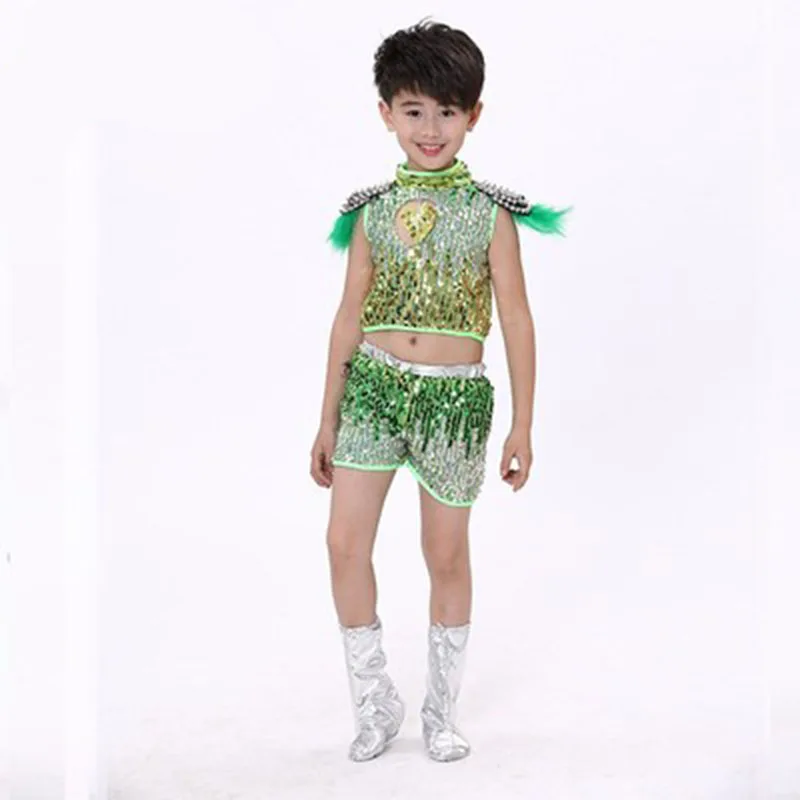 

Детский костюм для джазовых танцев, костюм для выступлений для мальчиков и девочек, с блестками и помпонами, газовая юбка, танцевальное платье