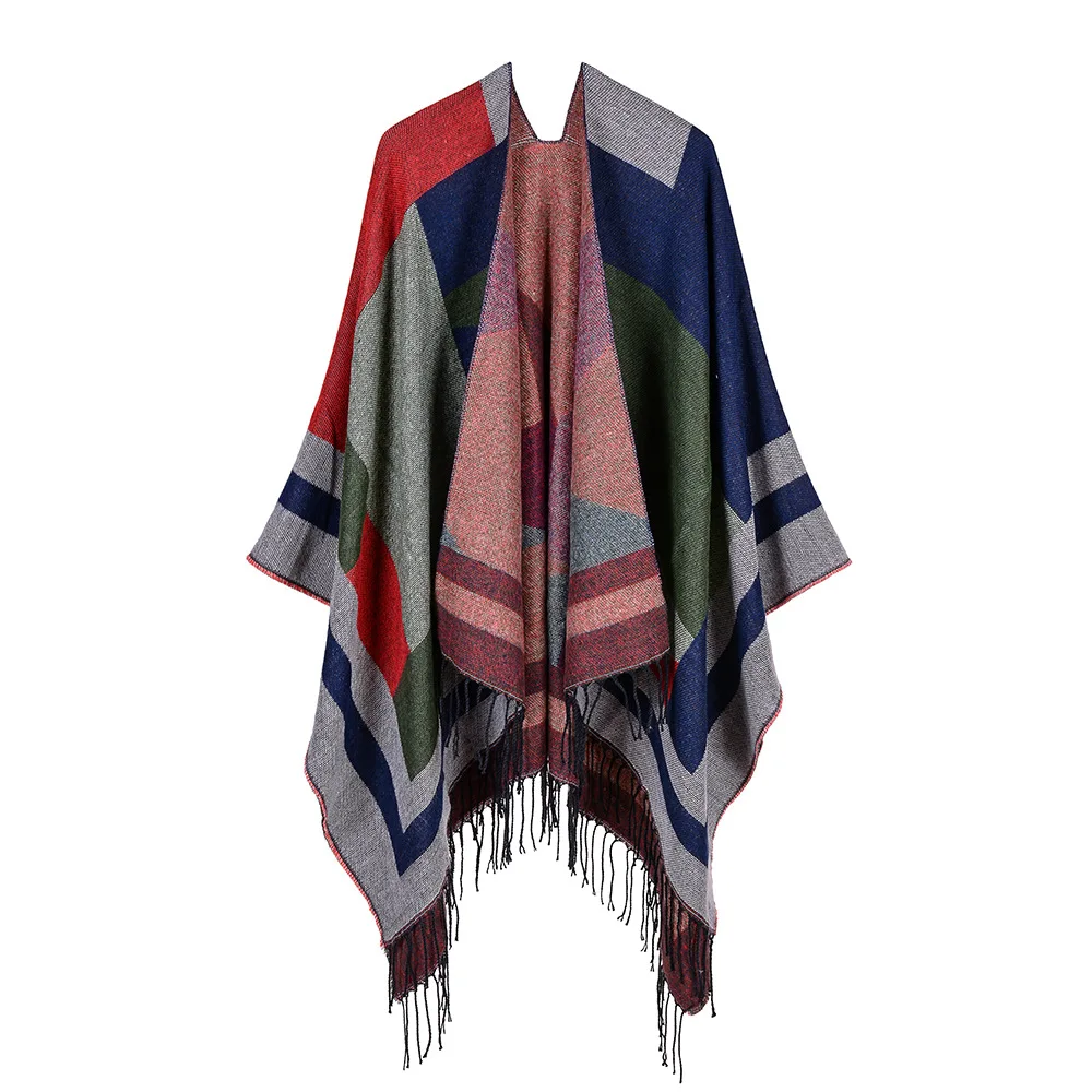 Women's  Tassel Imitate Cashmere Shawl  Autumn Winter Can Be Thickened Wear on Both Sides Lady Ponchos Capes 6